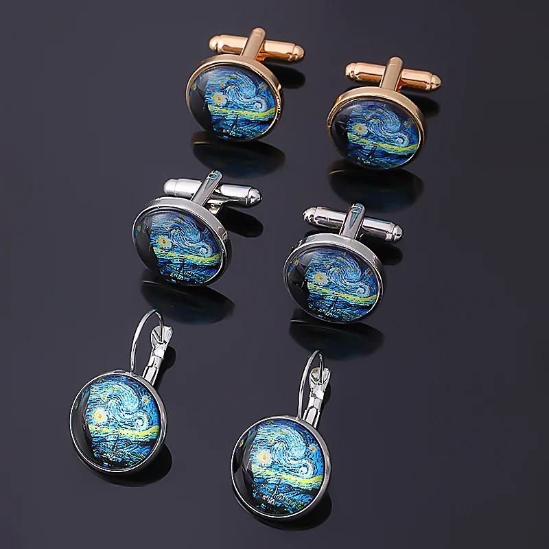 New In The Starry Night Cuff Links Time Gem Van Gogh Oil Painting Glass Alloy Cufflinks Men Sleeve Button Jewelry Ac